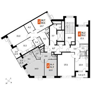 2-к квартира, строящийся дом, 44м2, 7/22 этаж