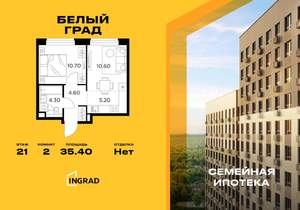 2-к квартира, строящийся дом, 35м2, 21/23 этаж