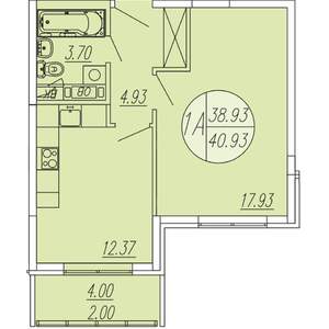 1-к квартира, строящийся дом, 41м2, 4/4 этаж