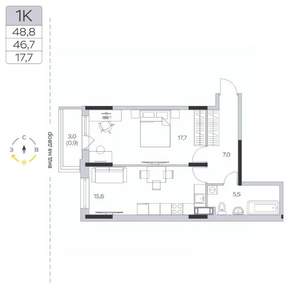 1-к квартира, строящийся дом, 47м2, 9/9 этаж