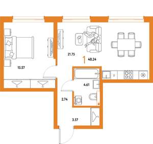 1-к квартира, строящийся дом, 48м2, 11/25 этаж
