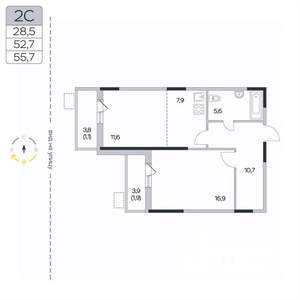 2-к квартира, вторичка, 56м2, 2/9 этаж
