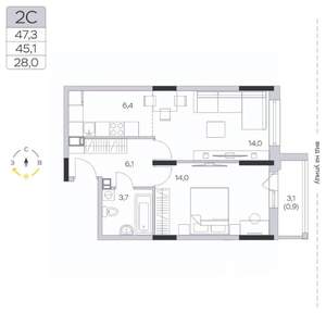 1-к квартира, строящийся дом, 46м2, 6/9 этаж