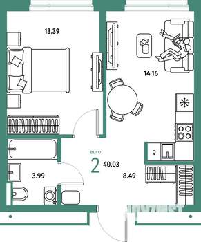 2-к квартира, вторичка, 40м2, 12/25 этаж