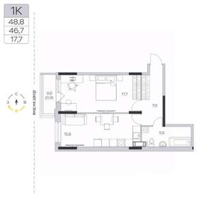 1-к квартира, строящийся дом, 47м2, 3/9 этаж