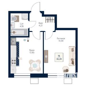 1-к квартира, строящийся дом, 35м2, 10/21 этаж