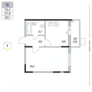 1-к квартира, вторичка, 39м2, 5/9 этаж
