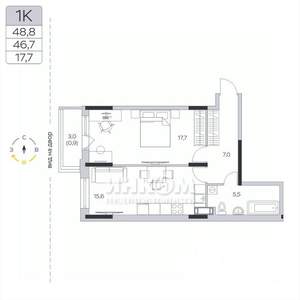 1-к квартира, вторичка, 47м2, 8/9 этаж