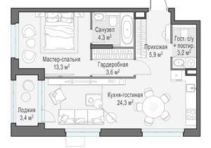 2-к квартира, строящийся дом, 54м2, 9/17 этаж