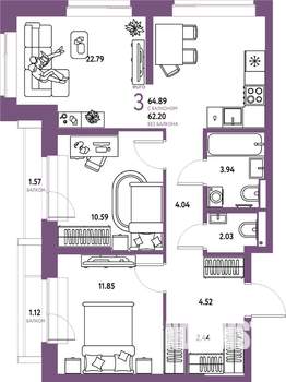 3-к квартира, строящийся дом, 65м2, 13/25 этаж