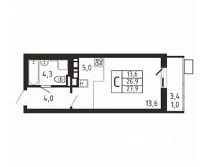 Студия квартира, вторичка, 28м2, 2/9 этаж