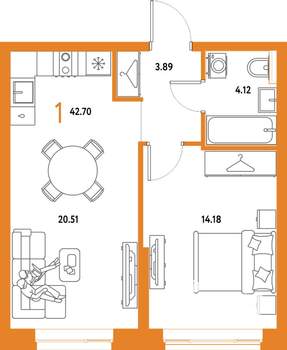 1-к квартира, строящийся дом, 43м2, 10/25 этаж