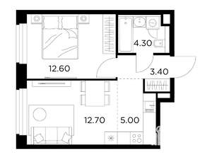 2-к квартира, строящийся дом, 38м2, 12/12 этаж