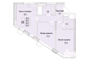 2-к квартира, строящийся дом, 55м2, 12/23 этаж