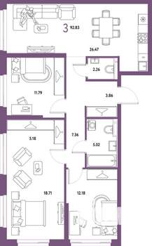 3-к квартира, строящийся дом, 93м2, 15/25 этаж