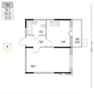 1-к квартира, вторичка, 38м2, 3/9 этаж