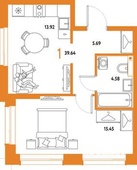 1-к квартира, строящийся дом, 40м2, 17/25 этаж