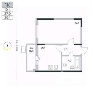 1-к квартира, вторичка, 39м2, 2/9 этаж