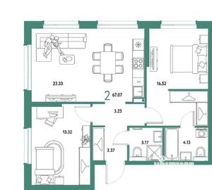 2-к квартира, строящийся дом, 67м2, 16/25 этаж