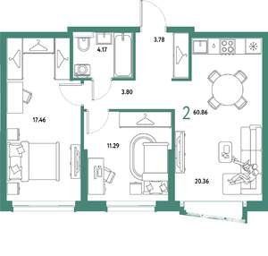 2-к квартира, вторичка, 61м2, 12/25 этаж