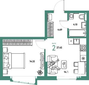 2-к квартира, вторичка, 37м2, 3/25 этаж