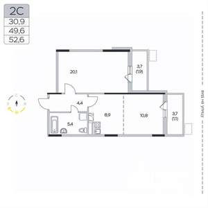 2-к квартира, вторичка, 53м2, 6/9 этаж