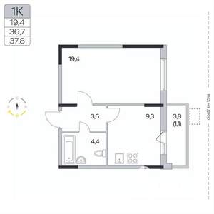 1-к квартира, вторичка, 38м2, 5/9 этаж