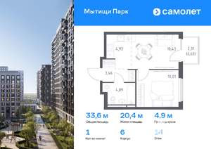 1-к квартира, вторичка, 34м2, 14/17 этаж