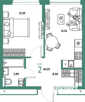 2-к квартира, строящийся дом, 40м2, 16/25 этаж