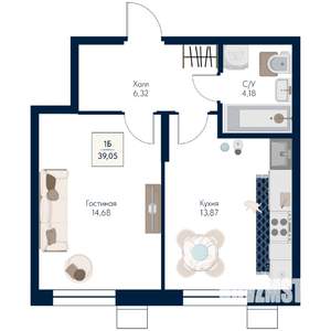 1-к квартира, строящийся дом, 39м2, 8/21 этаж
