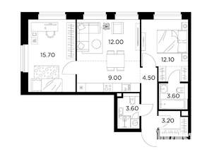 3-к квартира, строящийся дом, 64м2, 16/23 этаж