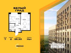 2-к квартира, строящийся дом, 35м2, 7/23 этаж