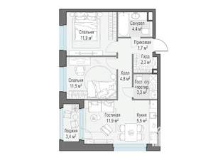 2-к квартира, строящийся дом, 57м2, 13/17 этаж