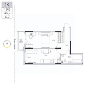 1-к квартира, строящийся дом, 47м2, 2/9 этаж