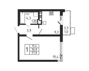 1-к квартира, строящийся дом, 38м2, 5/9 этаж
