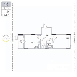 1-к квартира, вторичка, 44м2, 2/9 этаж