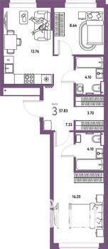 3-к квартира, строящийся дом, 58м2, 8/25 этаж