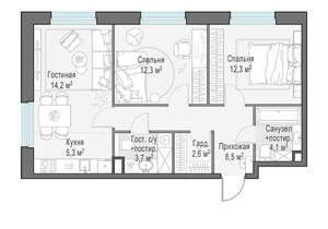 2-к квартира, строящийся дом, 63м2, 14/23 этаж