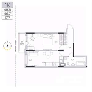 1-к квартира, вторичка, 47м2, 9/9 этаж