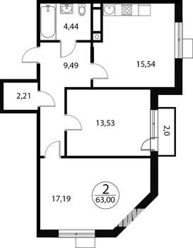 2-к квартира, вторичка, 63м2, 1/4 этаж
