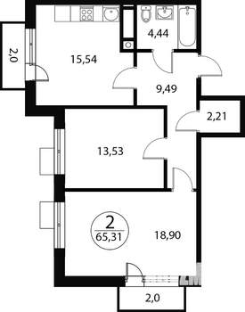 2-к квартира, строящийся дом, 65м2, 3/4 этаж