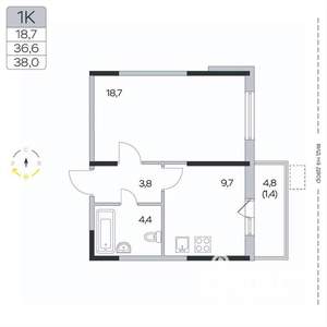 1-к квартира, вторичка, 38м2, 9/9 этаж