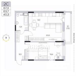 2-к квартира, вторичка, 64м2, 8/9 этаж
