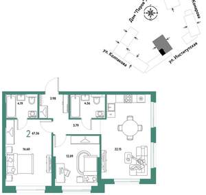 2-к квартира, вторичка, 67м2, 4/6 этаж