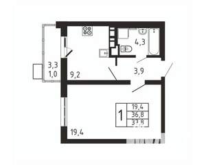 1-к квартира, вторичка, 38м2, 6/9 этаж