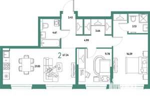 2-к квартира, строящийся дом, 67м2, 14/25 этаж