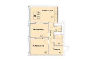 2-к квартира, строящийся дом, 56м2, 14/23 этаж
