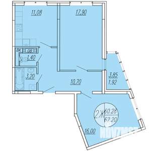2-к квартира, вторичка, 62м2, 1/4 этаж