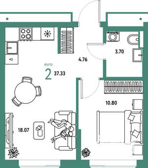 2-к квартира, строящийся дом, 37м2, 12/25 этаж