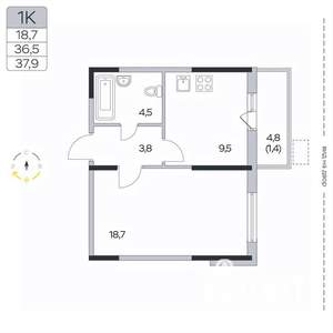 1-к квартира, вторичка, 38м2, 2/9 этаж